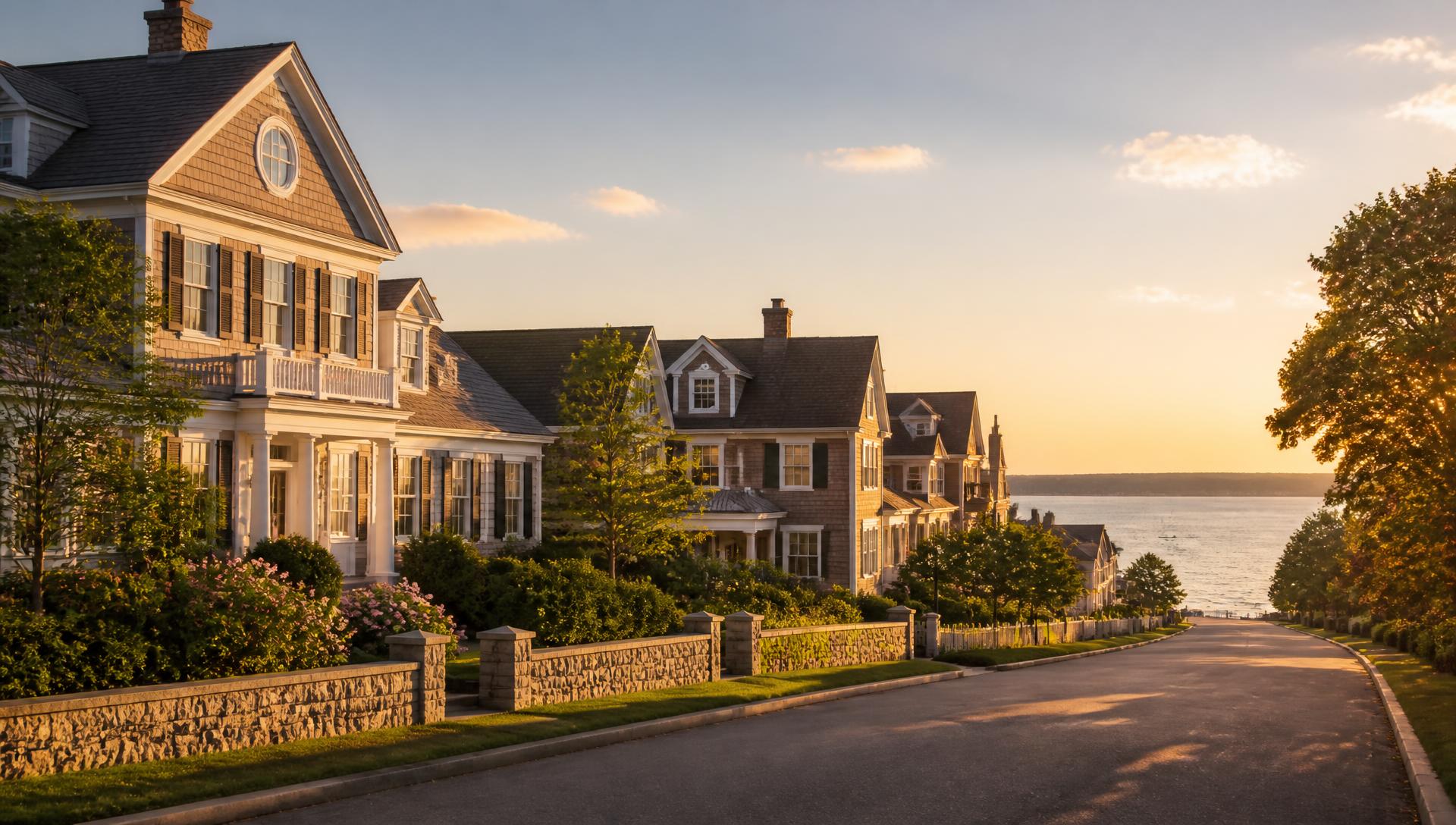 Coastal Fairfield County neighborhood at golden hour